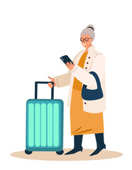 Aged Pensioner Grandma with Luggage Suitcase.Retired Senior Tourist Character Going to Registration in Airport,Elderly Person Travel Voyage Abroad.Flat Vector Illustration isolated on White Bachground