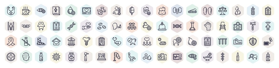 therapy outline icons set. thin line icons such as bib, ophthalmology, fever, soy, adn, baby chair, admision form, immunity, dentist chair icon.