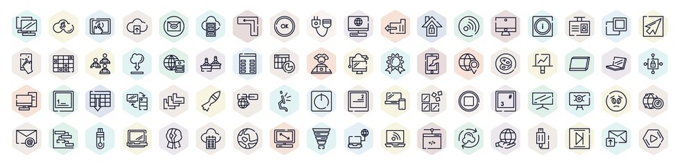 computer and media outline icons set. thin line icons such as notebook double tool image, cellphone in a hand, ok button, rss updates subscription, server with the earth, screen canvas, link on