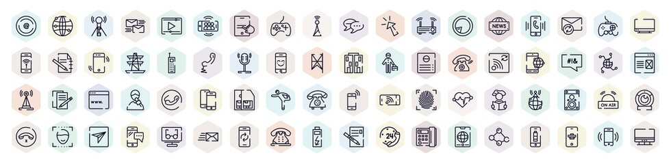 communication and media outline icons set. thin line icons such as arroba, wireless connectivity, game controller, postman, vintage mobile phone, smartphone with internet connection, , on air,