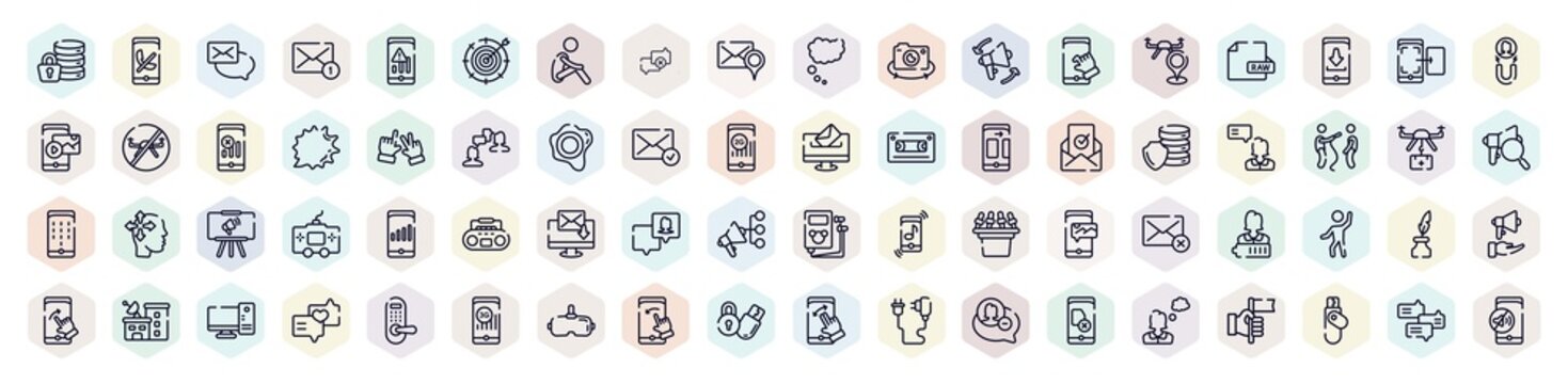 phone outline icons set. thin line icons such as encrypt, emails, calm, pinch, , testimonial, electronic mail, inkwell, locking icon.