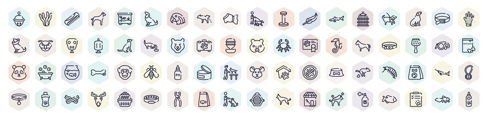 pet shop outline icons set. thin line icons such as sleighbell, pet comb, dog urinating, big shark, dog seatting, dog collar, ph test, big swordfish, man and icon.