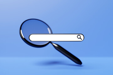 3D illustration of a   internet search page  with magnifying glass with shadow  on blue  isolated  background