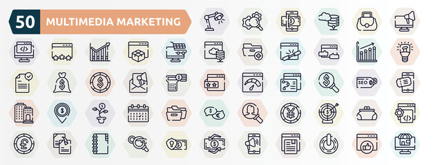Fototapeta na wymiar multimedia marketing outline icons set. thin line icons such as study light, responsive marketing, e commerce, seo performance, marketing email, currency search, money flower, yen big coin,