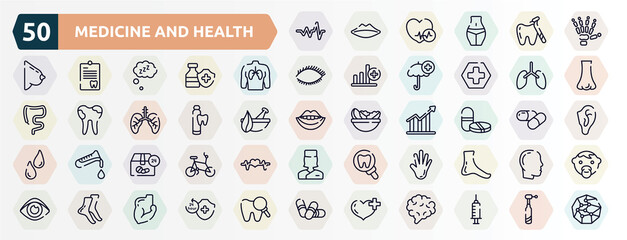 medicine and health outline icons set. thin line icons such as cardiac graphic, human hand bones, human with focus on the lungs, lungs, toothpaste tube, tablet and capsule medications, 24 hours