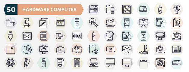 Fototapeta na wymiar hardware computer outline icons set. thin line icons such as ui de, cooling fan, folding phone, responsive devices, power adapter, os x, pencil and brush crossed, expand screen, flash card, pc