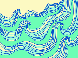 Sea waves vintage seascape horizone poster. Sea minimalist modern line art blue landscape illustration background for design