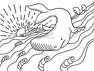 Hand drawn whale vector outline illustration of sea waves and ship. Vector wavy ocean lines art nautical for design, print