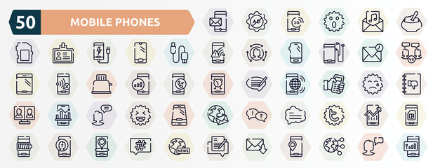 mobile phones outline icons set. thin line icons such as mobile with envelope, porridge, usb connector, drafts, mobile, hand holding a cellphone, chief, bubble speech, unknown user, receiving email