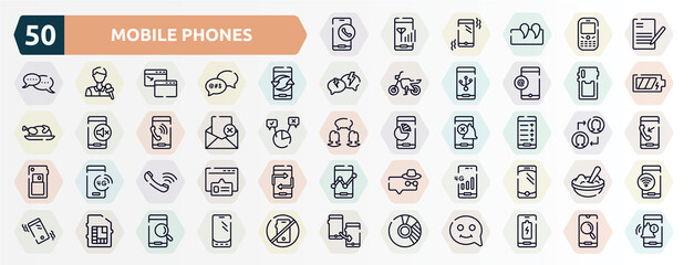 Fototapeta na wymiar mobile phones outline icons set. thin line icons such as call by mobile phone, writing letter, exchanging arrows, phone card back, failed message, mobile analytics on screen, auricular of phone, 4g