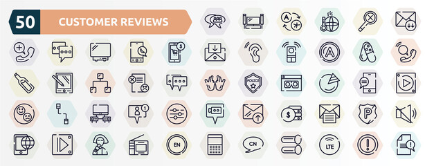 customer reviews outline icons set. thin line icons such as group chat, receive mail, mobile store, tablets, dissatisfaction, pie graph, cupboard, fiance, controls, chinese language icon.