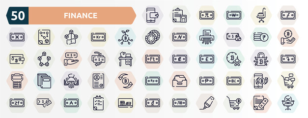 Obraz na płótnie Canvas finance outline icons set. thin line icons such as netoworking, centralized, flowchart, coupons, good communication, business plan, seo and web, check book, productivity, security payment icon.