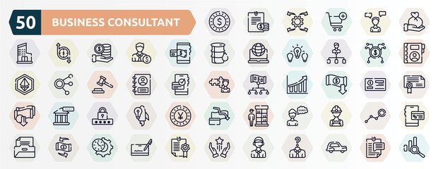 business consultant outline icons set. thin line icons such as dollar coin, wage, mobile payment, spreading, personal profile, reduction, pin code, apology, convert, online support icon.