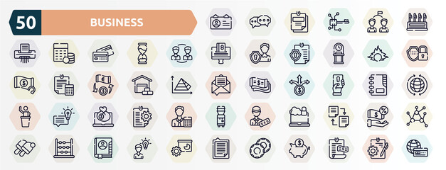 business outline icons set. thin line icons such as identification card, pen container, peer to peer, proof of burn, wholesaler, penalty, bank online, cybercrime, abacus, casino chip icon.