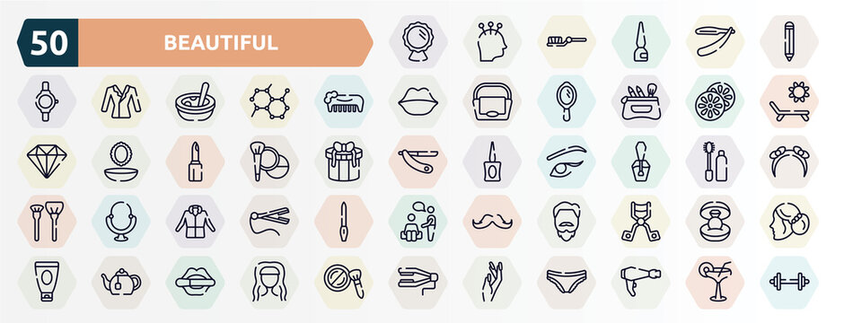 beautiful outline icons set. thin line icons such as mirror reflection, eye pencil, hand comb, citrus, cosmetic, nail paint, parka, man with goatbeard, tea pot, manicure icon.