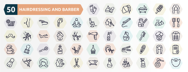hairdressing and barber outline icons set. thin line icons such as barefoot, woman hair cut, lotus position, stones, face mask, hair brush, hairpin, hair straightener, razor to cut hairs, essence