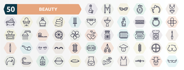 beauty outline icons set. thin line icons such as olive oil, underwear, circular comb, diamond ring, lemon juice, hair cream, lashes, asian, hair wash sink, treatment icon.