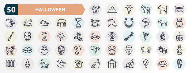 halloween outline icons set. thin line icons such as ghost, fence for horses jumps, horses races trophy, horse black side shape, hat for a jockey, horse saddle, bird in broken egg, vampire, gnome,
