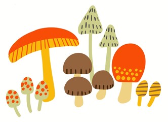 シンプルでフラットな色々なきのこのイラスト