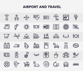 airport and travel outline icons set. thin line icons such as airport flight info, airplane tickets, rent a car, hotel bell ringing, prayer room, bag for travel, unmanned, travelling handle bag,
