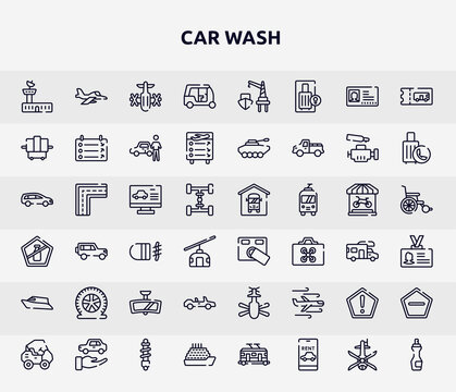 Car Wash Outline Icons Set. Thin Line Icons Such As Air Traffic Controller, Null, X-ray, Computer Test, Access Control, Flat Tire, Convertible, Precaution, Ferry Icon.