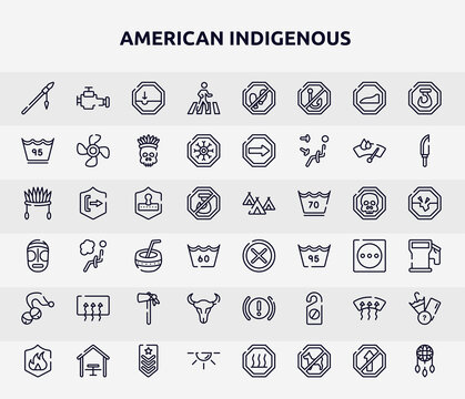 american indigenous outline icons set. thin line icons such as native american spear, crossing, 95 degrees, safety code, unchecked, rear window defrost, skull of a bull, windshield defrost, dome