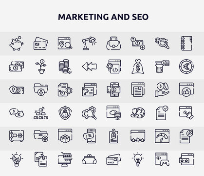 marketing and seo outline icons set. thin line icons such as pig bank, study light, big paper bill, seo report, web server, folder with plus, eticket, velocity test, women puser icon.