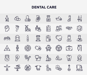 dental care outline icons set. thin line icons such as injured leg of man, fetus, brain inside human head, ampoul, frontal ambulance, ear lobe side view, medical stethoscope variant, molar, cloth
