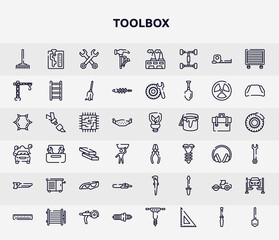 toolbox outline icons set. thin line icons such as gardening rake, hammer and nail, lifter, motherboard lines, repair pliers, vise, sharp chainsaw, steamroller, spark plug icon.