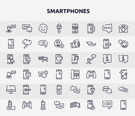 smartphones outline icons set. thin line icons such as male, news microphone, vintage phone, video game console ps4, call director phone, phone with keys, old speaker, speech bubbles with ellipsis,