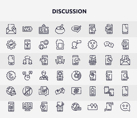 discussion outline icons set. thin line icons such as failed message, porridge, ad block, bell interface, donut chart, no calls, anger, adaptive, mobile analytics icon.