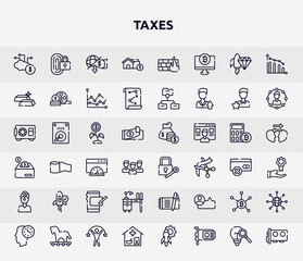 taxes outline icons set. thin line icons such as yen, piggybank, start up, decentralized, commission, difference, hierarchical structure, bank rate, wage icon.
