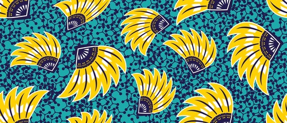 African ethnic traditional blue background pattern. seamless beautiful Kitenge, chitenge style. fashion design in colorful. Geometric abstract motif. yellow Floral Ankara prints, African wax prints. - obrazy, fototapety, plakaty