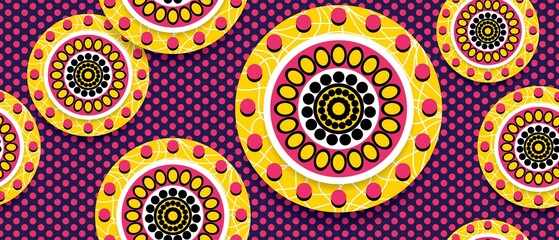 African ethnic traditional pink purple pattern. seamless beautiful Kitenge, chitenge style. fashion design in colorful. Geometric circle abstract motif. Floral Ankara prints, African wax prints. - obrazy, fototapety, plakaty