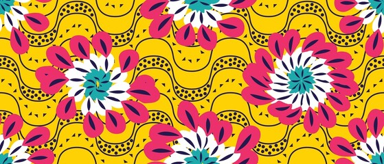 African ethnic traditional yellow background pattern. seamless beautiful Kitenge, chitenge style. fashion design in colorful. Geometric circle abstract motif. Floral Ankara prints, African wax prints. - obrazy, fototapety, plakaty
