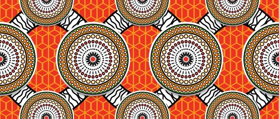 African ethnic traditional red orange color pattern. seamless beautiful Kitenge, chitenge style. fashion design in colorful. Geometric circle abstract motif. Floral Ankara prints, African wax prints.