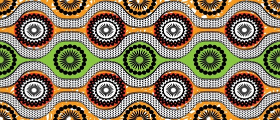 African ethnic traditional green, yellow pattern. seamless beautiful Kitenge, chitenge style. fashion design in colorful. Geometric circle abstract motif. Floral Ankara prints, African wax prints. - obrazy, fototapety, plakaty