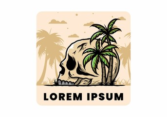 Skull head under coconut trees illustration