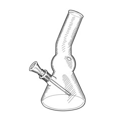 Hand drawn glass bong vector sketch isolated on white background. Device for smoking cannabis. Hookah for marijuana.