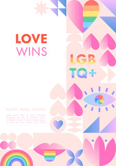 Pride month banner template.LGBTQ+ community vector illustration in bauhaus style with geometric elements and rainbow lgbt symbols.Human rights movement concept.Gay parade.Colorful cover design.