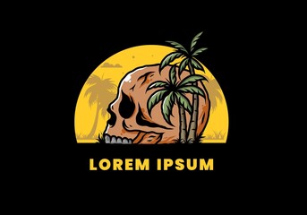 Skull head under coconut trees illustration