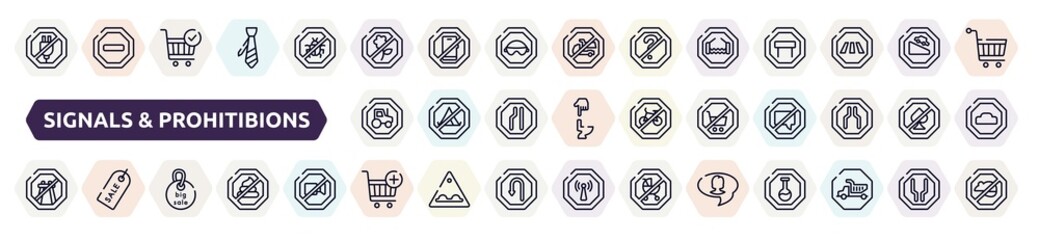 signals & prohitibions outline icons set. thin line icons such as no plug, no picking flowers, bridge road, heavy vehicle, no shopping cart, end motorway, clearance, add button, videochat