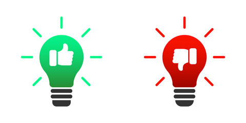 Light Bulb and like dislike symbols. Thumbs up and thumbs down icons. Do and Don't symbols. Vector illustration.