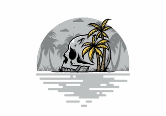 Skull head under coconut trees illustration