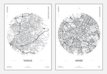Travel poster, urban street plan city map Vilnius and Minsk, vector illustration - obrazy, fototapety, plakaty