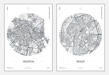 Travel poster, urban street plan city map Valencia and Seville, vector illustration