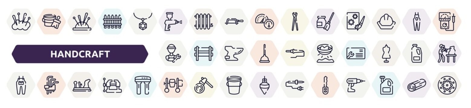 handcraft outline icons set. thin line icons such as cushion, spray paint gun, turquoise, plumber, panning, jumpsuit, wood plane, cement mixer, car key icon.