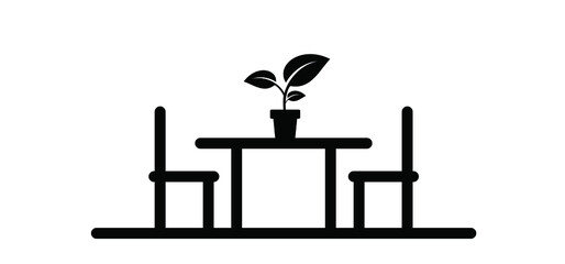 Cartoon stickman, stick figure tables and flower pots pictogram. House, office potted plants silhouette. Leaf, growing tree. Sprintime. Work, school or kitchen table and houseplant.