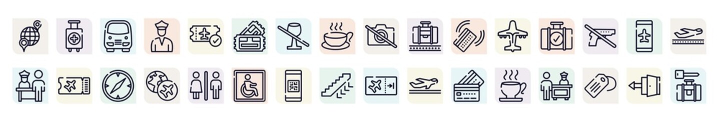 airport and travel outline icons set. thin line icons such as international location, bus service, pair of cinema tickets, baggage claim, luggage checking, flight ticket, travelling globe, qr code