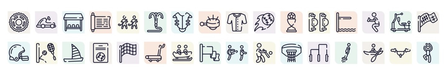 sport fitness outline icons set. thin line icons such as sprocket, team bench, grappling hook, home run, diving board, squash, baseball card, bobsledding, gym bars icon.